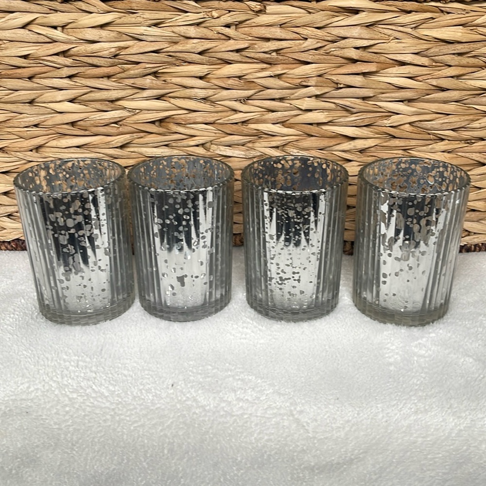 New Set of 4 Silver Ribbed 4” Tall Glass Candle Votive Holders 2 1/2” Wide